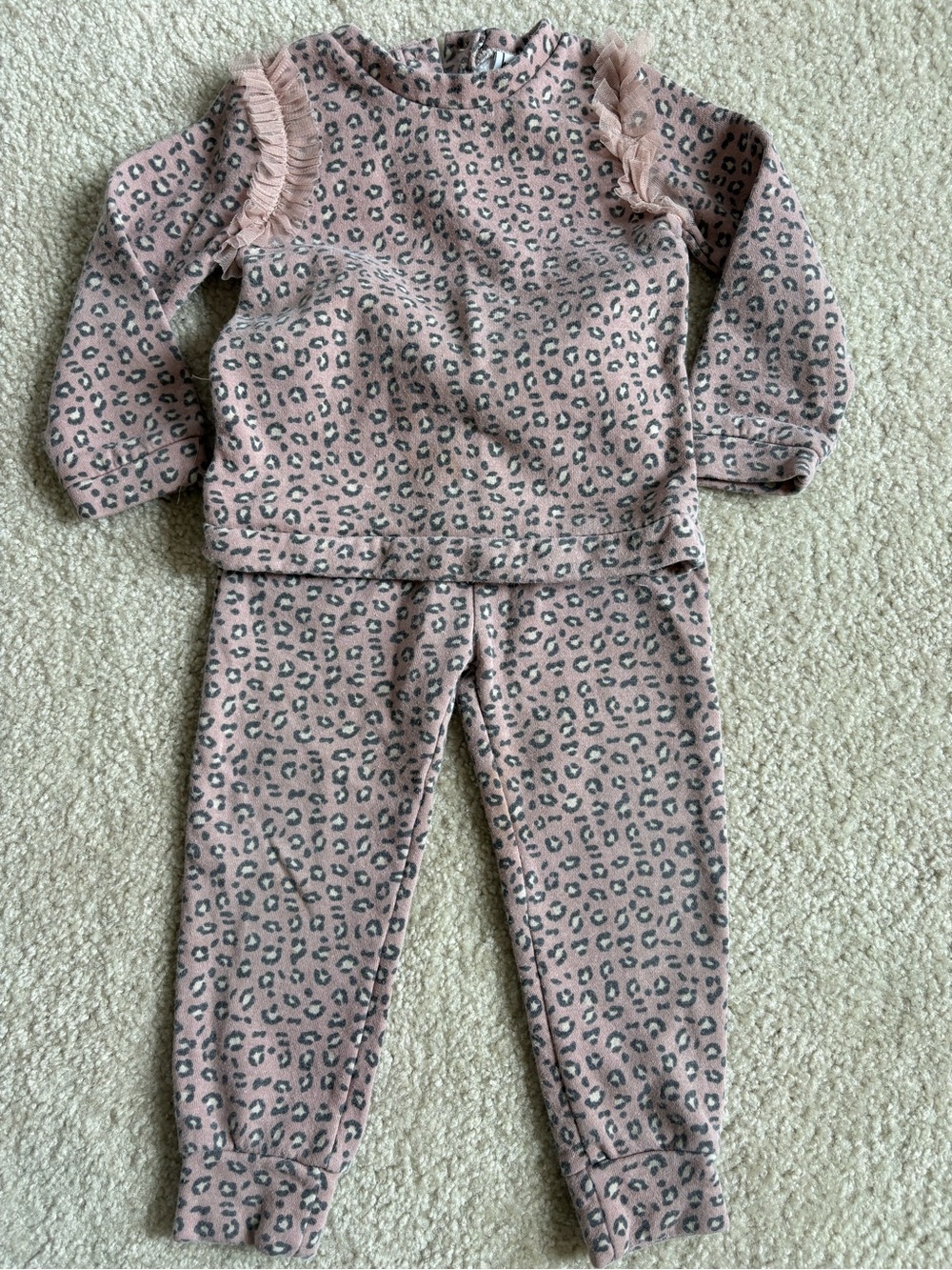 Nicole Miller Pink Leopard-Print Girls Pajama Set with Ruffle Shoulders